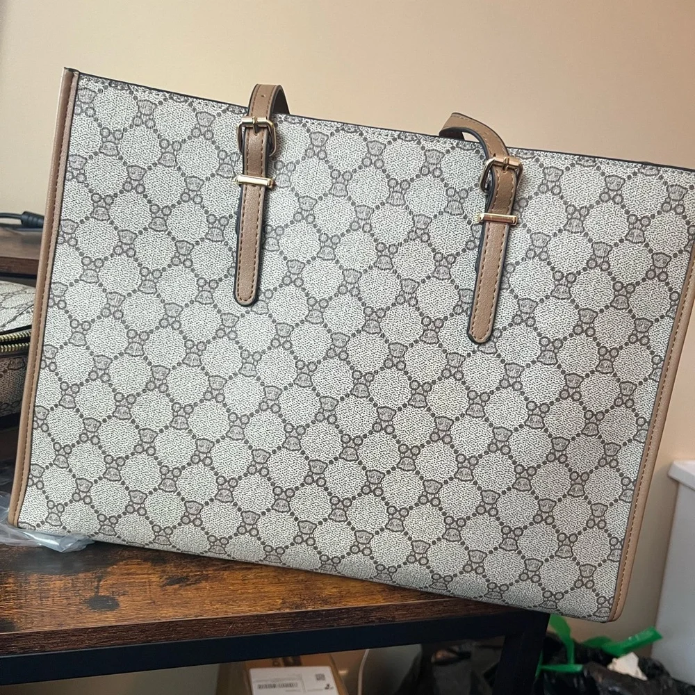 Beige and Brown Patterned Tote and Backpack Set - Picture 4 of 5